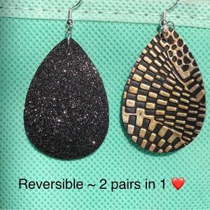 Black Sparkly Reversible Faux Leather Teardrop Earrings